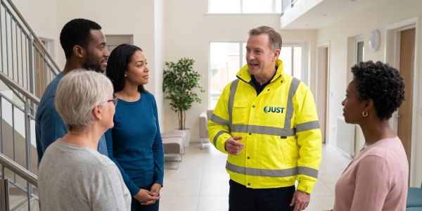 A community worker in a yellow jacket talks with a diverse group indoors.