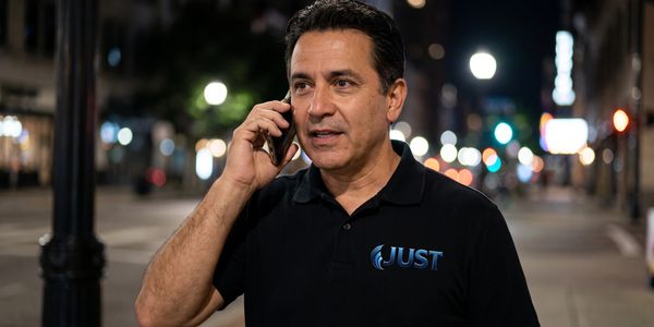 Man in a black JUST polo shirt talking on a phone at night.