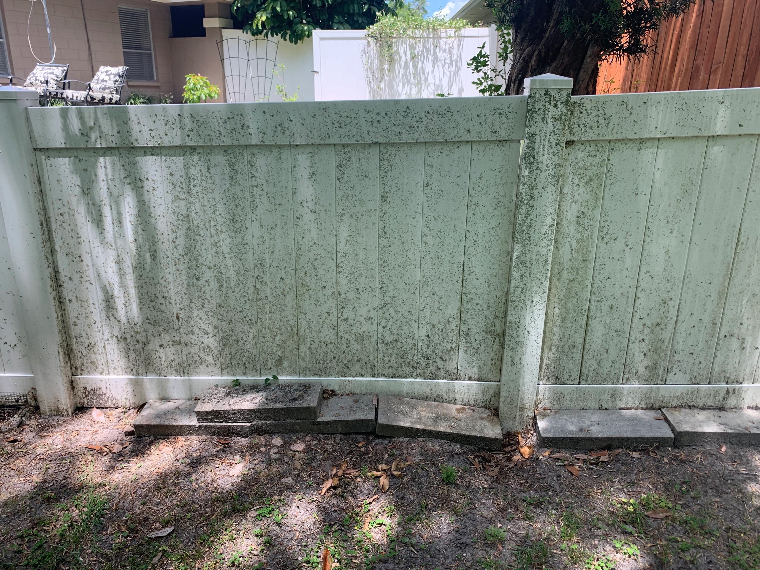 Vinyl fence before pressure washing