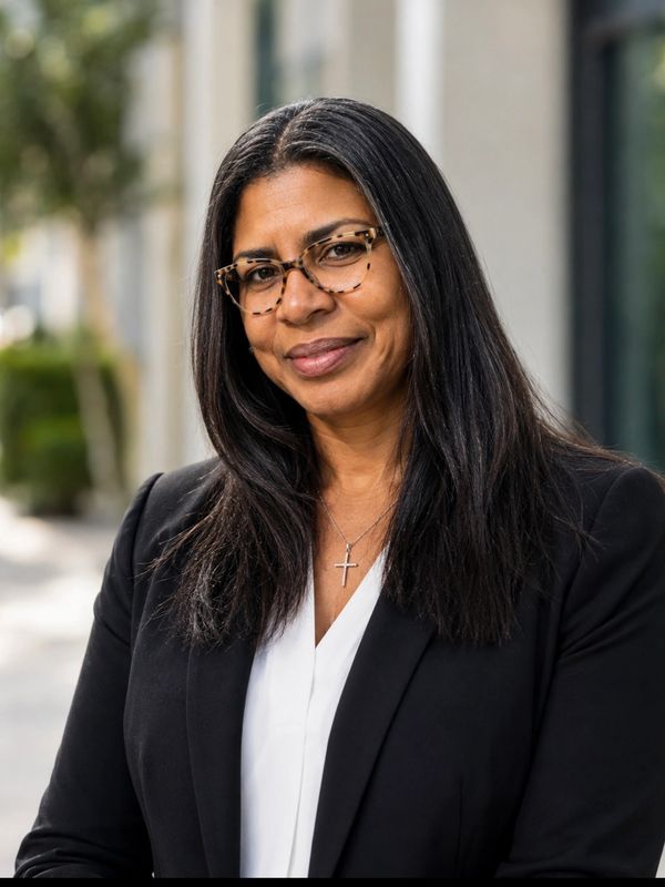 Smiling woman with glasses and cross necklace.