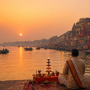 A man performs a ritual by the river at sunrise in Varanasi, India.