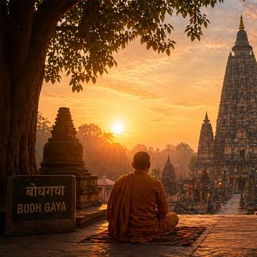 A monk meditates at Bodh Gaya temple during sunrise.