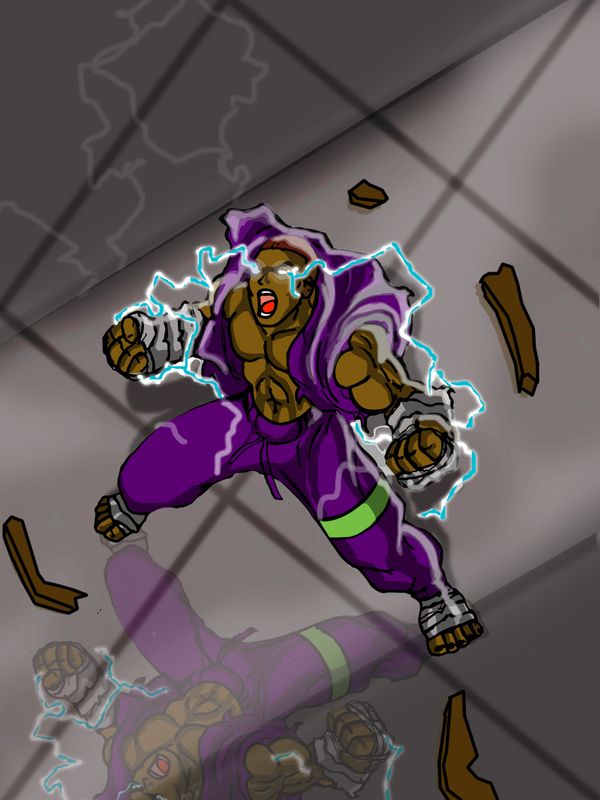 Powerful fighter in purple emits electric energy, breaking free with strength.