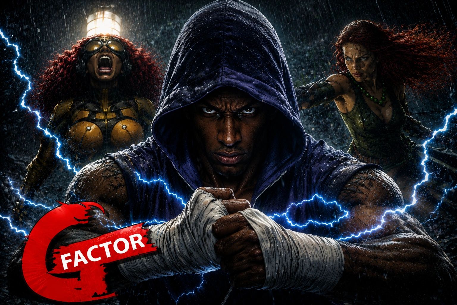 Intense superheroes ready for battle, with lightning and rain effects.