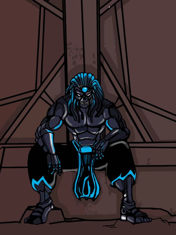 Futuristic armored figure with glowing blue highlights crouches in a dark, geometric environment.