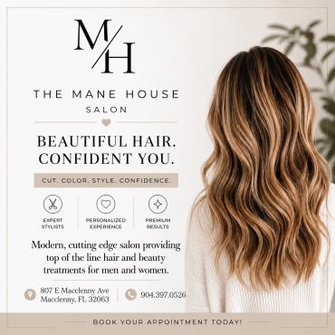 Salon advertisement for The Mane House with hair care services.