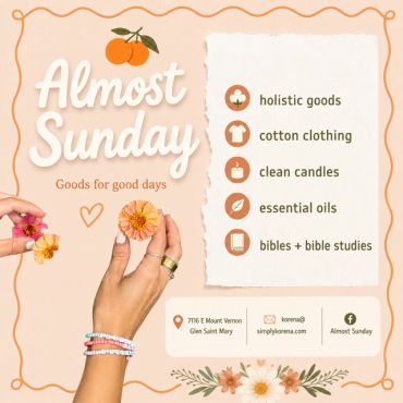 Advertisement for Almost Sunday goods including holistic and cotton products.