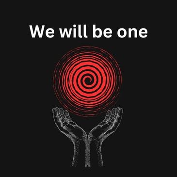 Picture of a red spiral held by hands proclaiming we will be one. 
