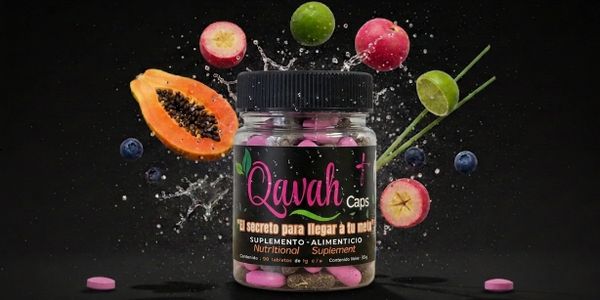 Qavah Caps nutritional supplement with floating fruits and splash effects.