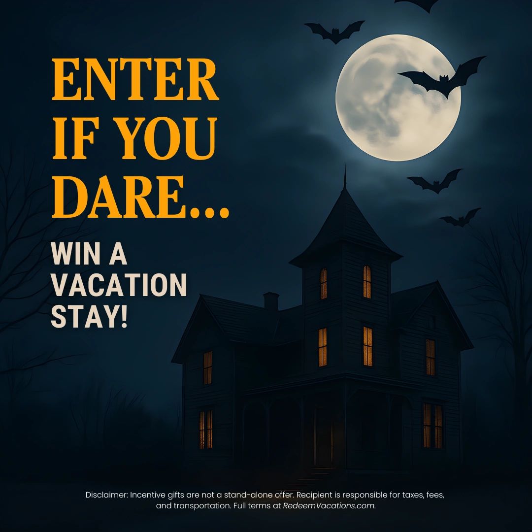 Haunted house with bats and full moon invites you to win a vacation stay.