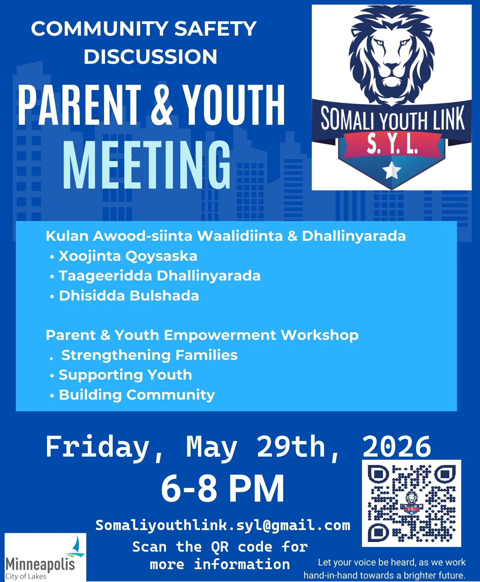 Community Safety Parent &amp; Youth Meeting by Somali Youth Link on May 29, 2026, in Minneapolis.