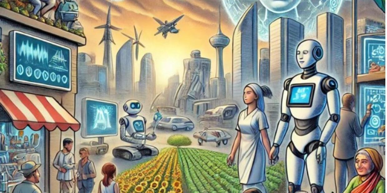 Futuristic city with robots, flying cars, and sustainable energy.