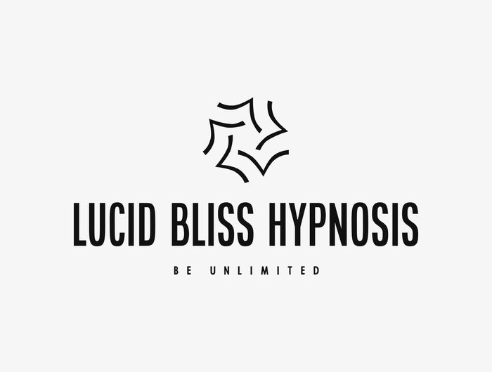 Curved lines at a 90° angle in the shape of a flower below Lucid Bliss hypnosis, Be Unlimited.
