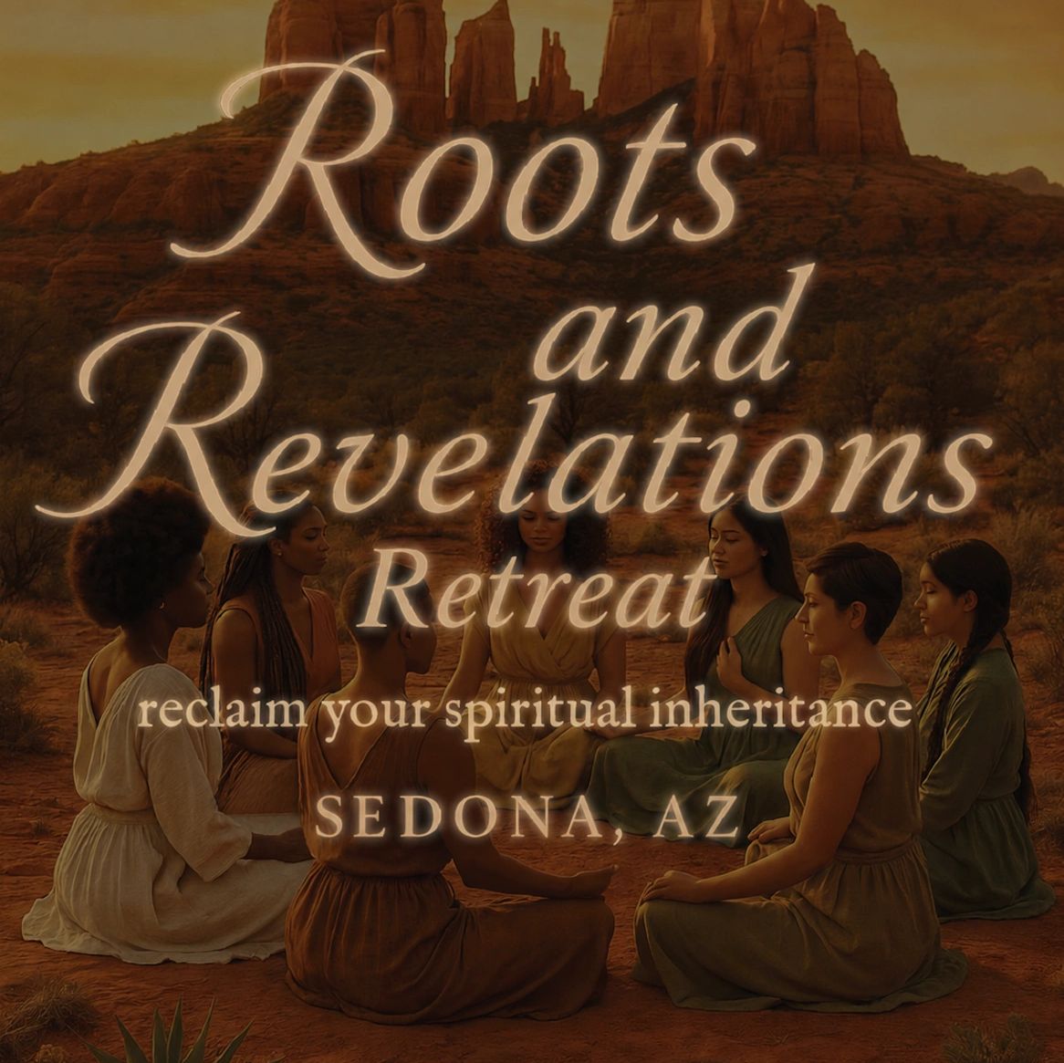 Women meditate in a desert circle for a spiritual retreat in Sedona, AZ.
