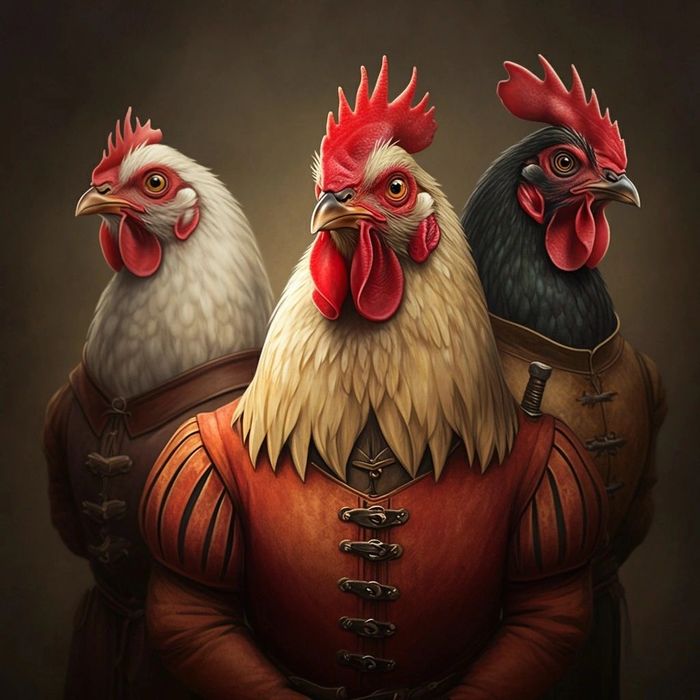 Three roosters dressed in medieval armor, posed like noble warriors.