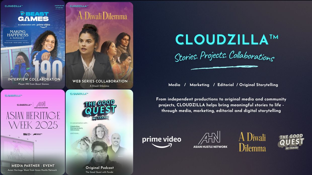 Cloudzilla showcases media collaborations and projects with prime video and Asian Hustle Network.