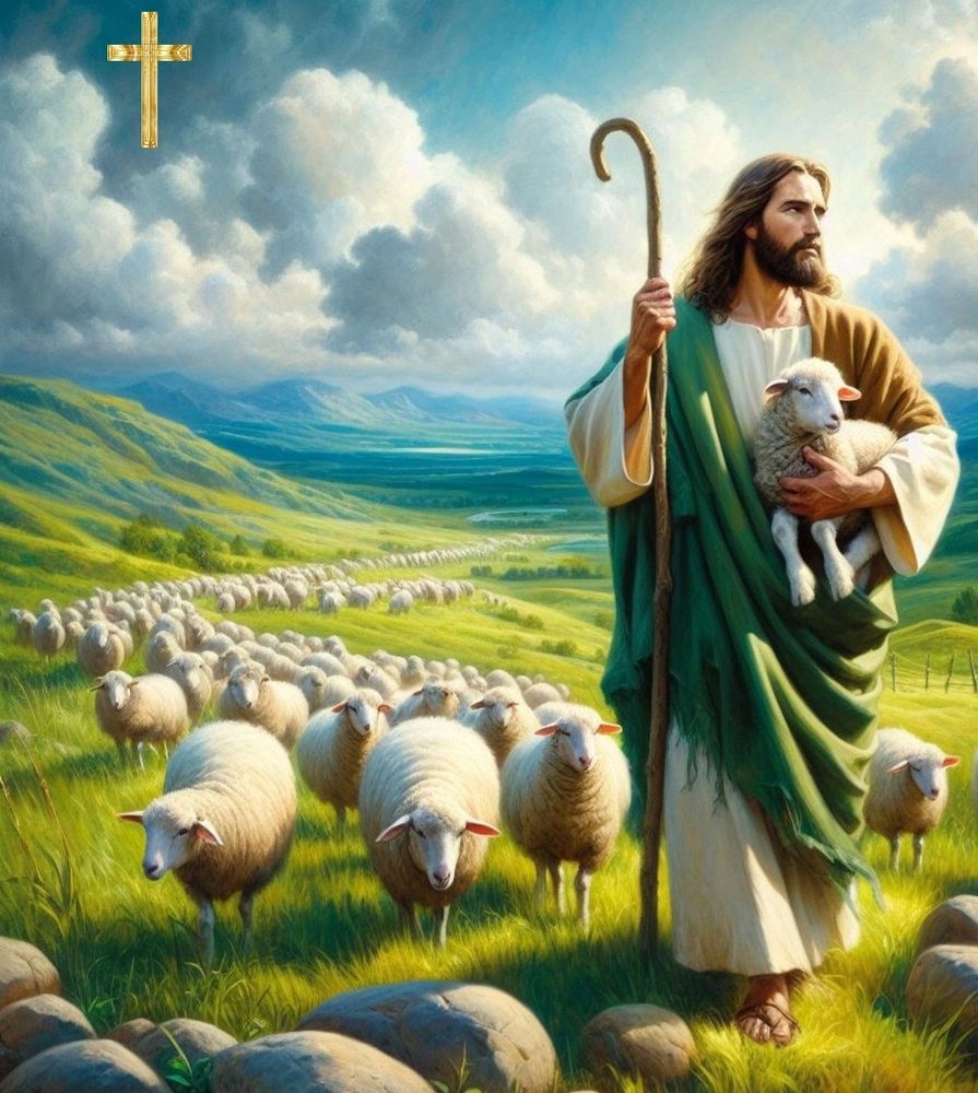 Jesus as the Good Shepherd with a flock of sheep in a serene landscape.