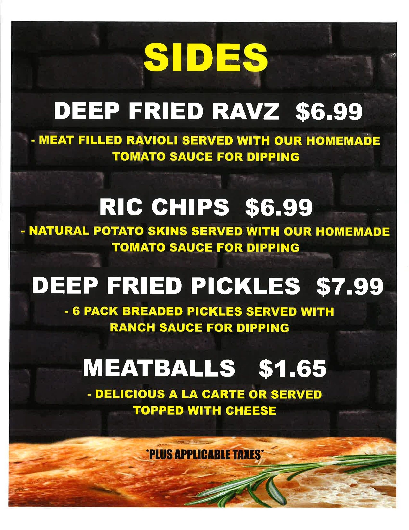 Menu listing sides like deep fried ravioli, ric chips, pickles, and meatballs with prices.