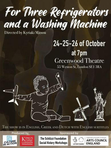 Poster for a play titled 'For Three Refrigerators and a Washing Machine' at Greenwood Theatre.