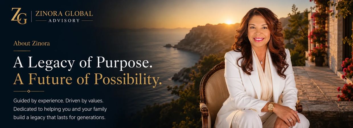 Professional woman at sunset with advisory text about legacy and future.