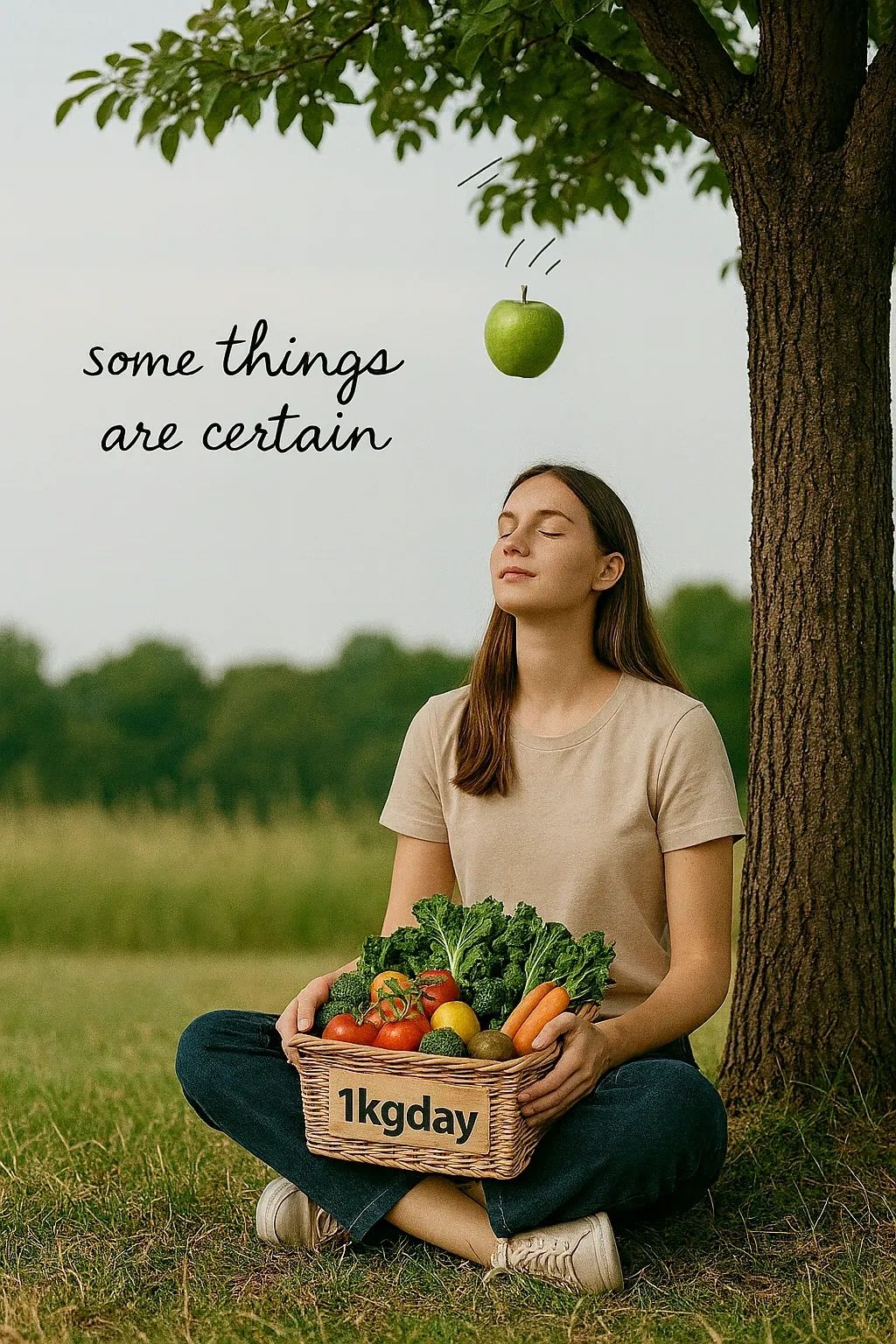 Young woman sitting under a tree holding a basket of fresh vegetables as an apple falls above her he