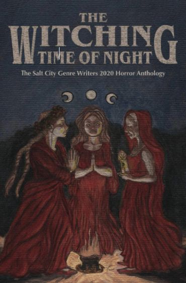 Three witches in red robes around a fire under a moonlit sky.