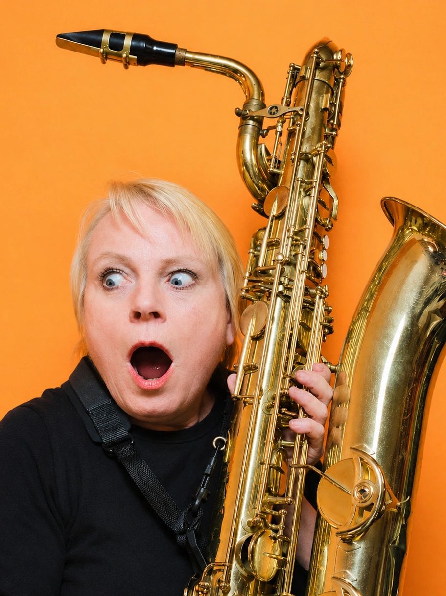 Surprised woman holding a large saxophone against an orange background.