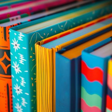 Colorful books with patterned covers arranged in a row.
