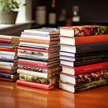 Stacks of colorful hardcover books neatly arranged on a wooden table.