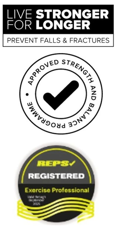 Certification badges for strength, balance, and exercise professionals.