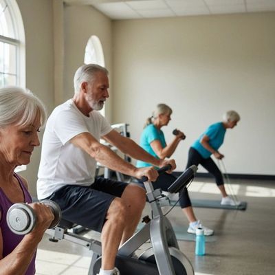 Seniors exercising together with weights and a stationary bike in a bright room.