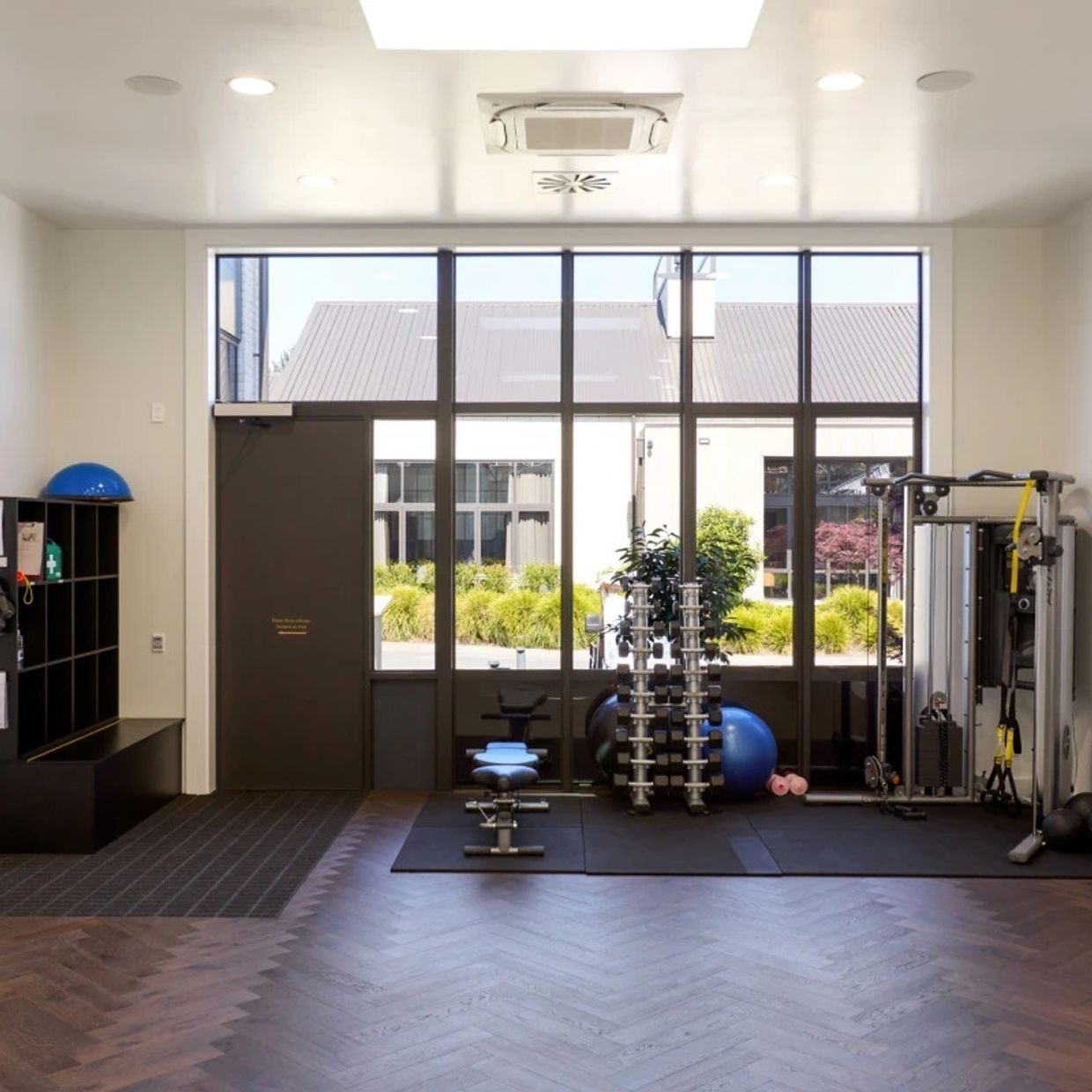 Modern home gym with dumbbells, exercise ball, and weight machine by large windows.