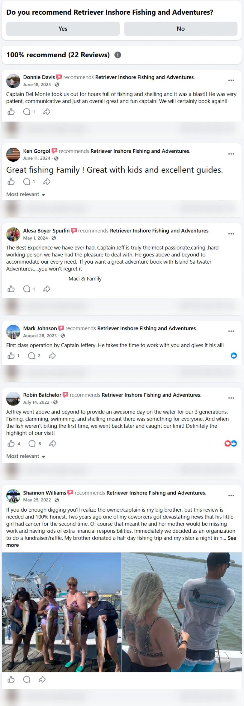 Positive reviews praising Retriever Inshore Fishing Adventures and its captains.