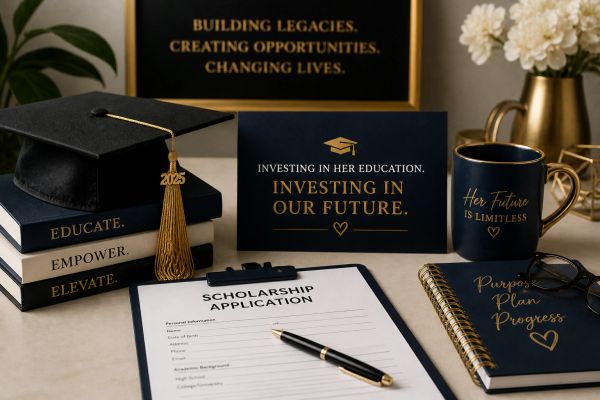 Graduation-themed setup with scholarship application, books, and inspirational messages about education and future.