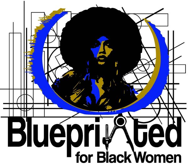 Logo with a Black woman silhouette and blueprint design elements.