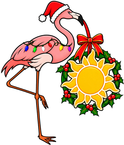 Flamingo with Christmas decorations and a sun wreath.
