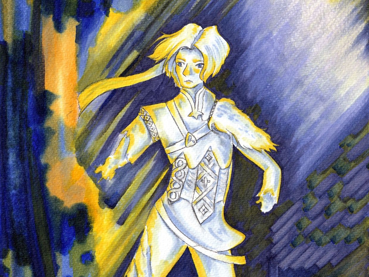A mystical figure glowing in yellow and blue, surrounded by radiant light.