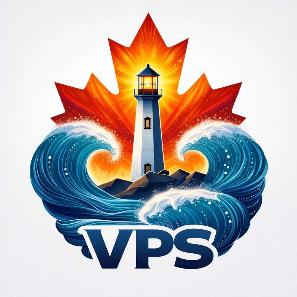 Lighthouse with waves and a glowing maple leaf behind it, with 'VPS' text below.