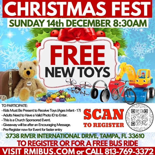 Christmas Fest with free new toys giveaway on December 14th at 8:30 AM in Tampa, FL.