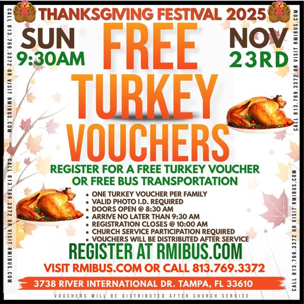 Thanksgiving Festival 2025 offers free turkey vouchers on Nov 23 at 9:30 AM in Tampa, FL.