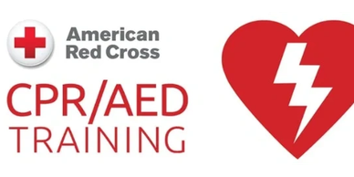 American Red Cross CPR/AED training logo with heart and lightning bolt symbol.