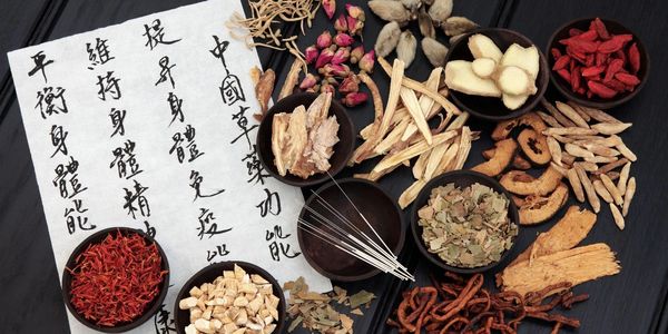 Picture of Chinese herbs and acupuncture needles with a letter of Chinese calligraphy.