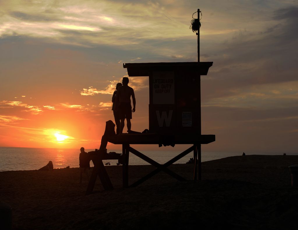 LIFEGUARD SHACK NEWPORT BEACH, CA. TWO LIFEGUARDS