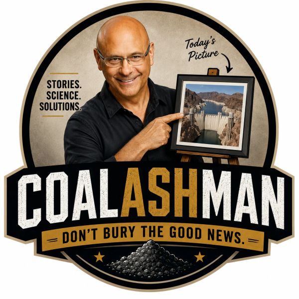 Host pointing at a dam photo with 'COALASHMAN' logo.