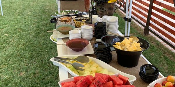 Buffet table with fruits, chips, sauces, and plates set outdoors on grass.