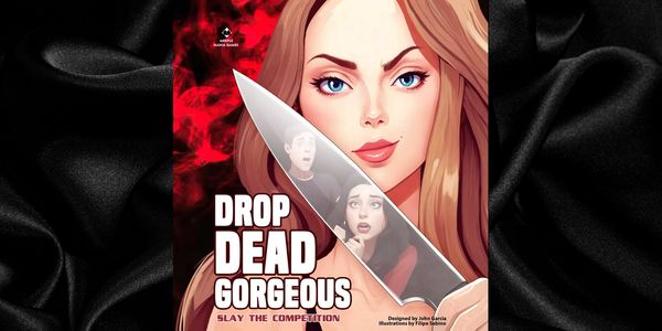 Illustration of a confident woman holding a large knife with reflections of two shocked people.