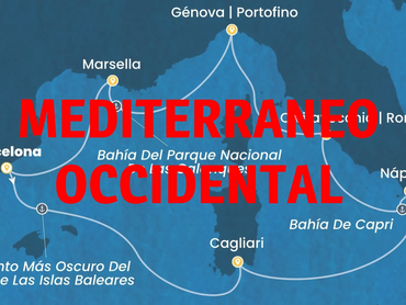 Mapa del Mediterráneo Occidental con rutas y ciudades destacadas.
