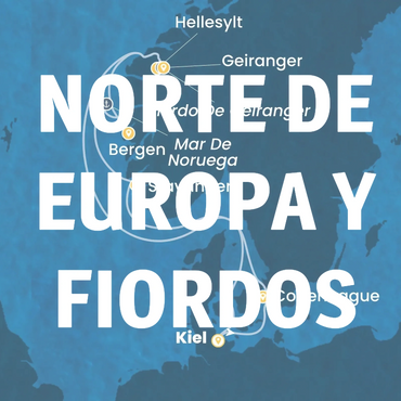 Mapa del norte de Europa y sus fiordos con rutas destacadas.