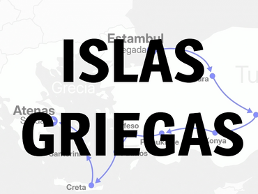 Map showing routes to Greek islands like Creta and Santorini.