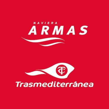Logo design for Naviera Armas and Trasmediterránea on red background.